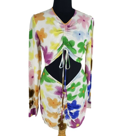 With Jean Hermana Dress Floral Daisy Viola Tricolor Cinched Top Cutout Mini 90s - Picture 5 of 15